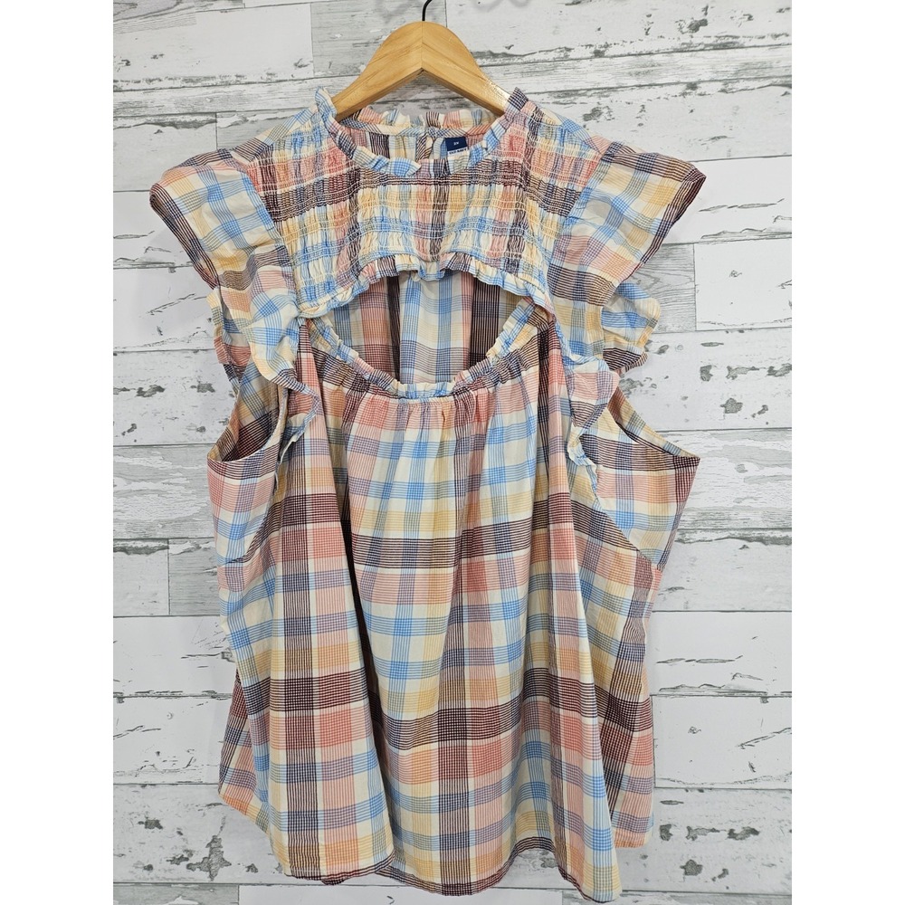 Old Navy Smocked Yoke Multi Plaid Ruffle Cutout Blouse Womens 2X Blue Orange